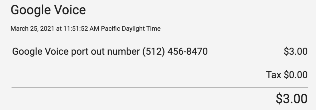 receipt for paying the Google Voice port out fee