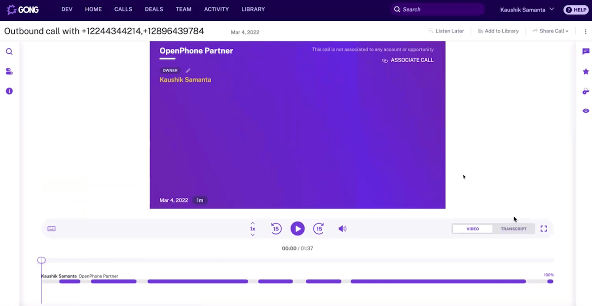 How playback of a call recording from OpenPhone looks in Gong